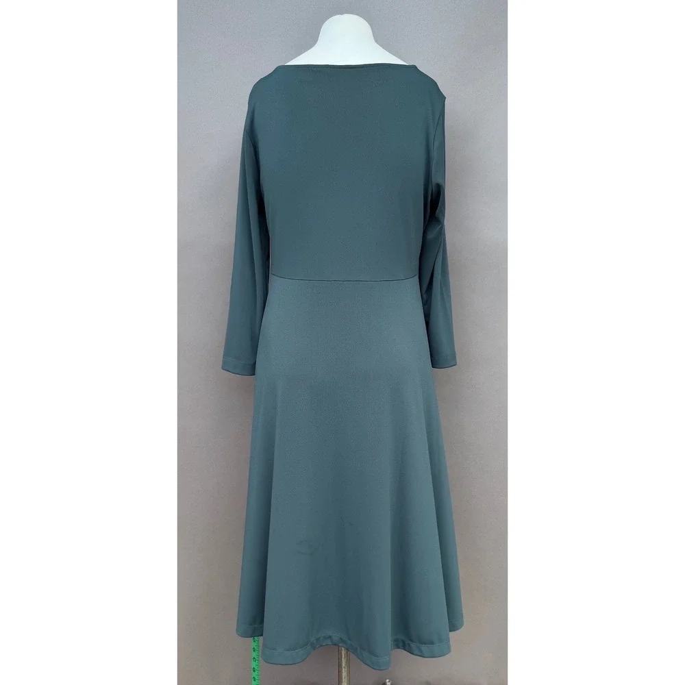 Lands End Dress Medium 10-12 Teal Green Long Sleeve Fit Flare Midi Dress